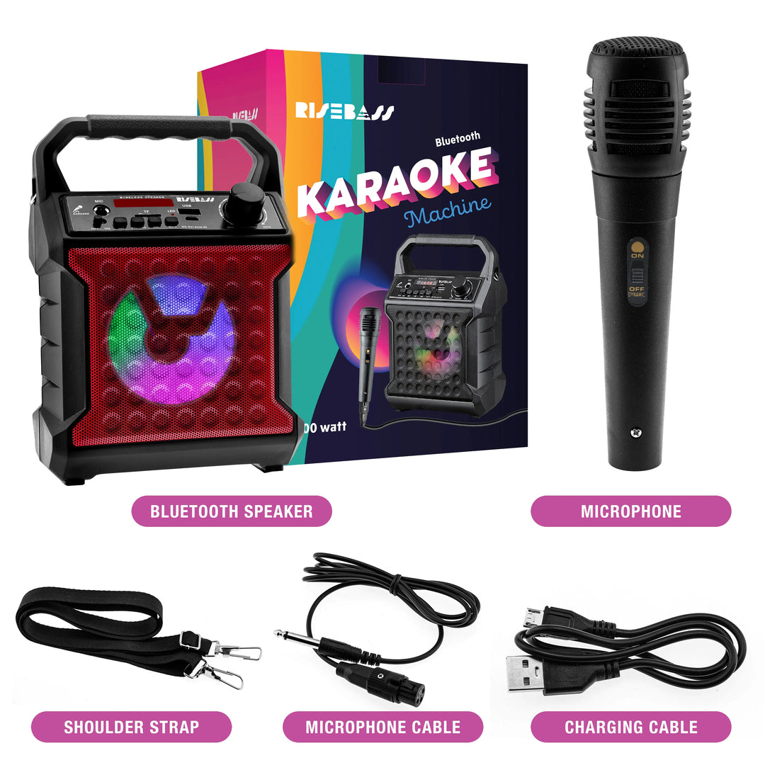 Risebass Portable Karaoke Machine with Microphone - Home Karaoke System with Party Lights for Kids and Adults - Rechargeable USB Speaker Set with FM Radio, SD/TF Card Support, and AUX-in