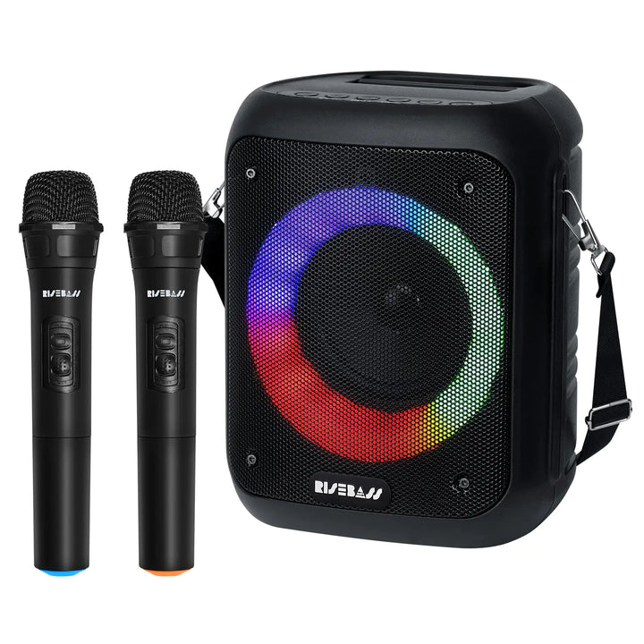 Risebass Portable Karaoke Machine with 2 Wireless Microphones - Bluetooth Rechargeable Speaker with USB/SD/TF Card Support, AUX-in, Tripod Screw Mount and Phone Slot.