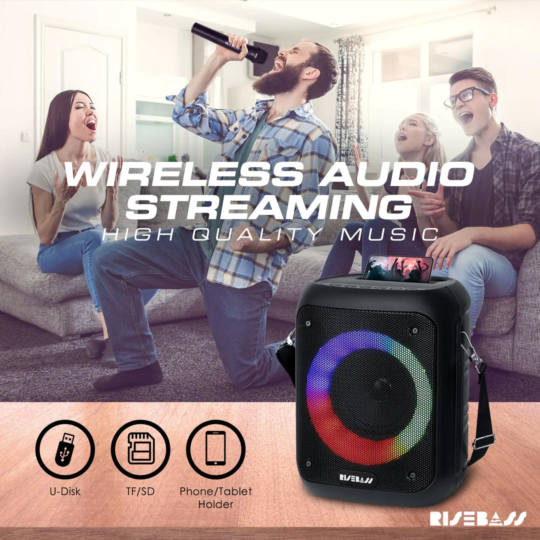 Risebass Portable Karaoke Machine with 2 Wireless Microphones - Bluetooth Rechargeable Speaker with USB/SD/TF Card Support, AUX-in, Tripod Screw Mount and Phone Slot.