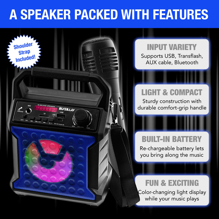 Risebass Portable Karaoke Machine with Microphone - Home Karaoke System with Party Lights for Kids and Adults - Rechargeable USB Speaker Set with FM Radio, SD/TF Card Support, and AUX-in